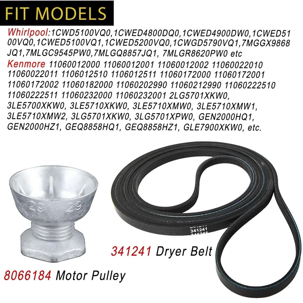 341241 Dryer Belt & 8066184 Motor Pulley Compatible for Whirlpool, Kenmore Dryers PS11744884, W10290525, WP8066184VP, AP6011686