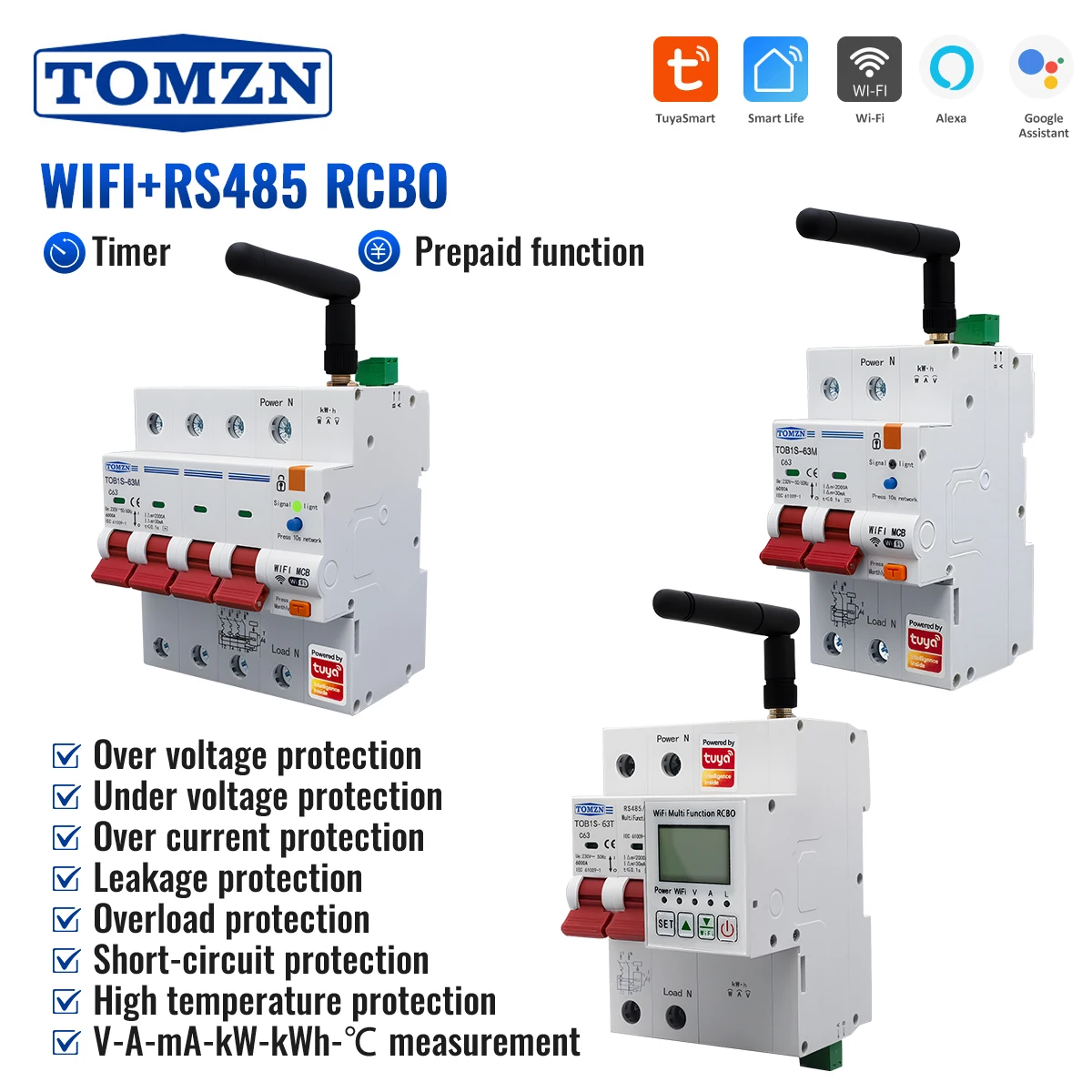 

TOB1S 2P 4P 230V 63A RS485 WIFI TUYA Smartlife Leakage OVP UVP OCP Din Rail L+N RCBO Circuit Breaker Temperature V-A-Hz Display