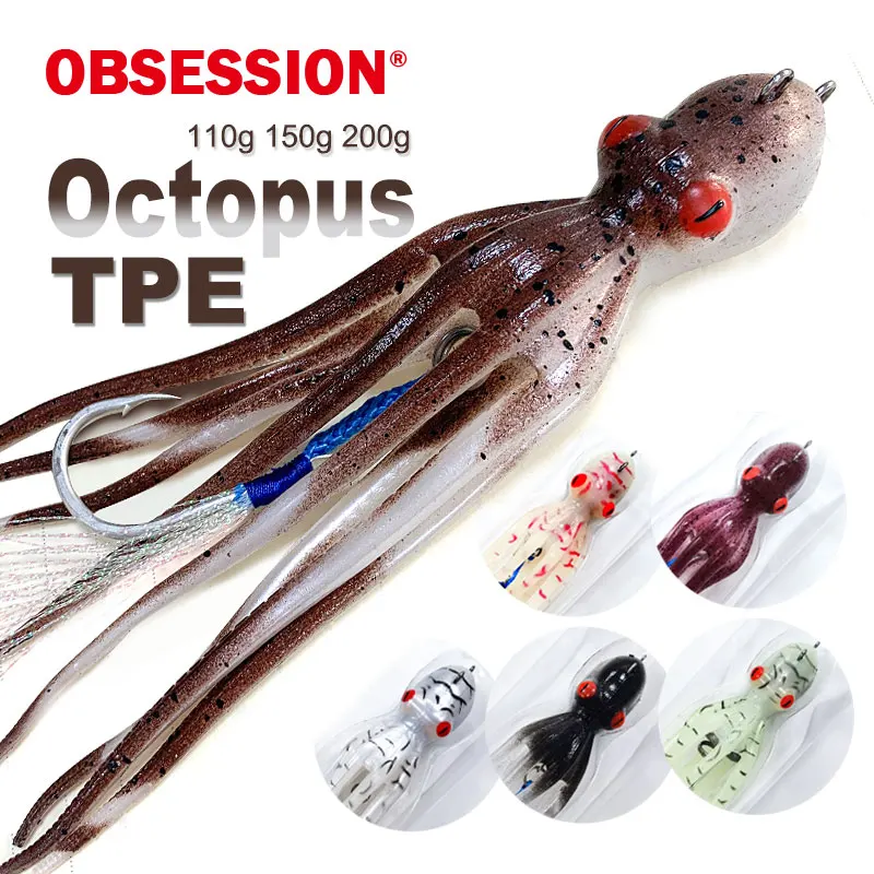 OBSESSION OCTVADER 110g 150g 200g TPE Octopus Squid Soft Jig UV Luminous Slow Trolling Slow Pitch Jigging Bait With Assist Hooks