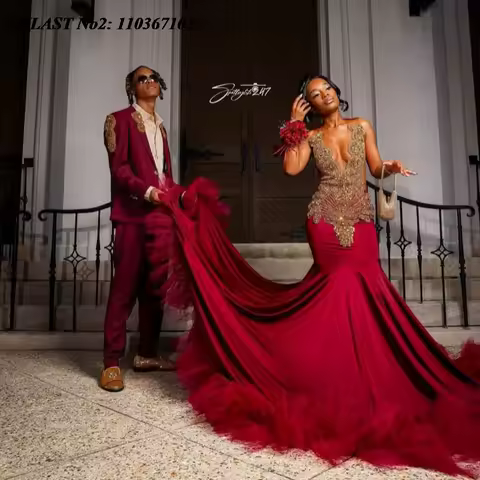 EVLAST Customized Luxury Burgundy Long Prom Dress For Black Girls Gold Crystal Beaded African Party Dress Evening Gown E2P151