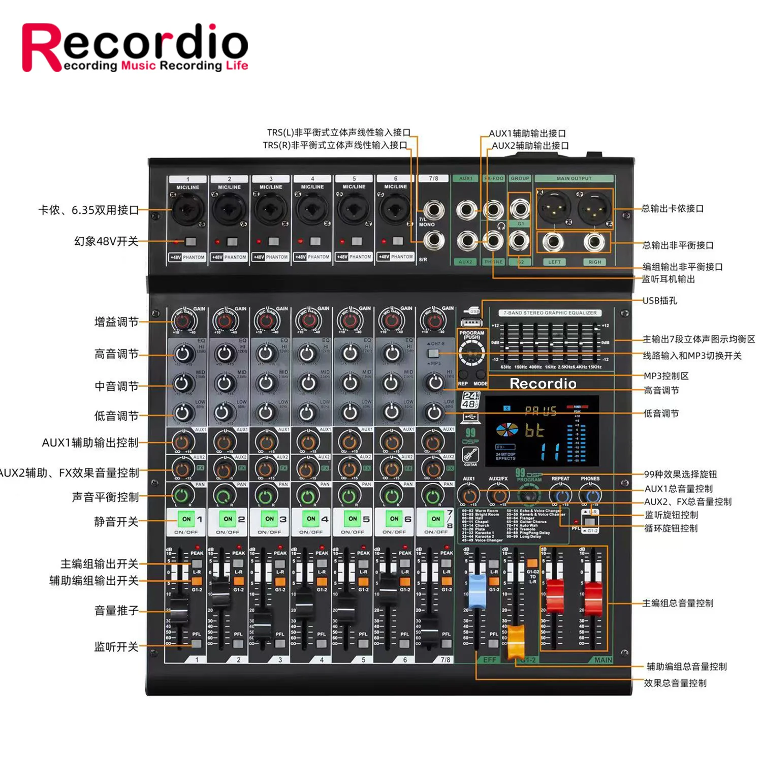 GAX-GS16 Professional 16 Channel 99DSP Mixer 7 Band Stereo Equalizer 48V Audio Project Mixer With MP3 USB Recording LED Display