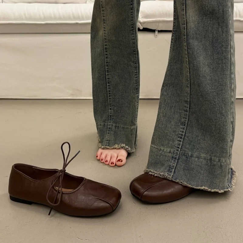 Zapatos planos Mary Jane de primavera/otoño con cordones para mujer, zapatos planos de corte poco profundo con una sola correa y punta cuadrada, zapatos de ballet cómodos con suela plana