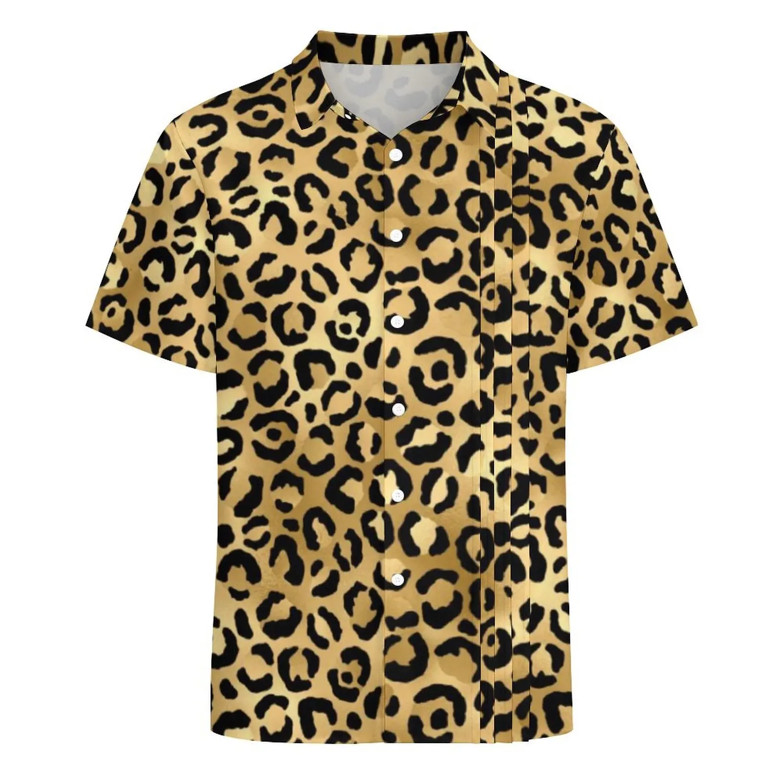 Camisa masculina de praia leopardo preta dourada, camisas casuais Cheetah Animal Vintage, streetwear de manga curta verão, blusas extragrandes com gráfico