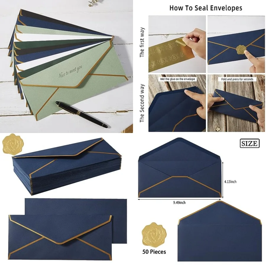

50 Pack #10 Business Envelopes with Gold Border, Self Seal Standard Envelopes with Gold Stickers for Office, Checks, Letter Mai