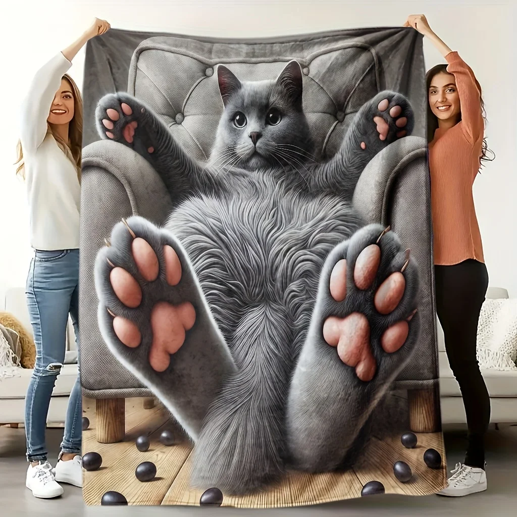 Scandinavian Gray Cat Flannel Blanket 2D Design Soft Washable Pet Lover Gift for Bed Sofa Camping All Seasons