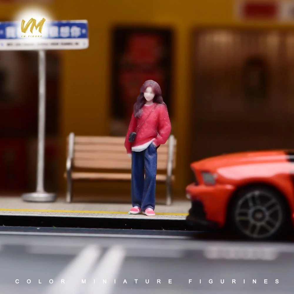 VM 1:64 Red Coat Girl Mini Resin Figure Miniature Scene Model 3D Color Print Figure Desktop Ornament Mini Photography Prop