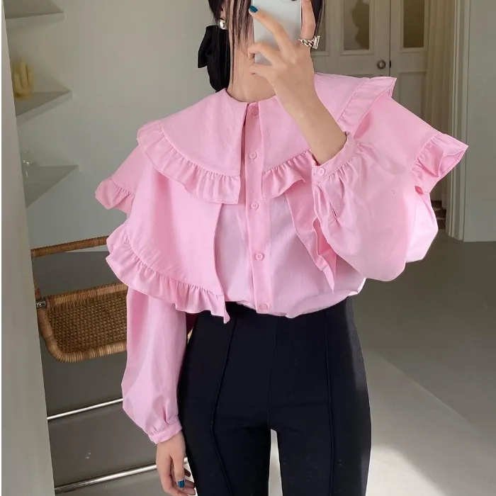 Nomikuma 2023 Spring Women Blouse Korean Double Peter Pan Collar Top Shirts Casual Long Sleeve Fashion Blusas Mujer De Moda