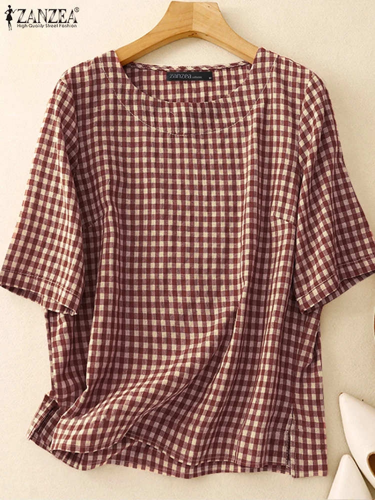 ฤดูร้อนผู้หญิงเสื้อ ZANZEA Vintage Gingham เสื้อแขนสั้น OL ทํางานเสื้อ O คอ Blusas Femme Causal หลวม Chemise 2024