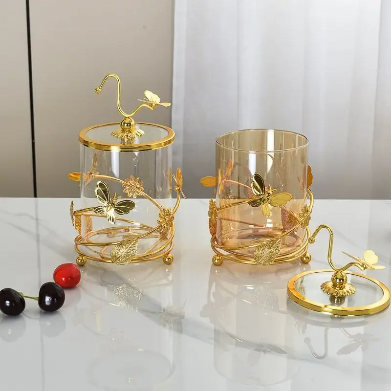 Modern Metal Glass Storage Jar Modern Candy Clear Glass Decorative Jar Golden Butterfly Storage Bottle Home Decoration Ornaments