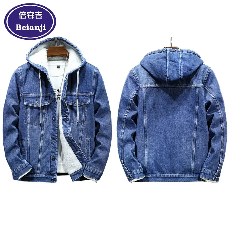 New Thick Denim Men's Coat Winter Jean Jacket Warm Fleece With Hooded Full Sleeve Single Breasted Cowboy Black Blue Outerwear