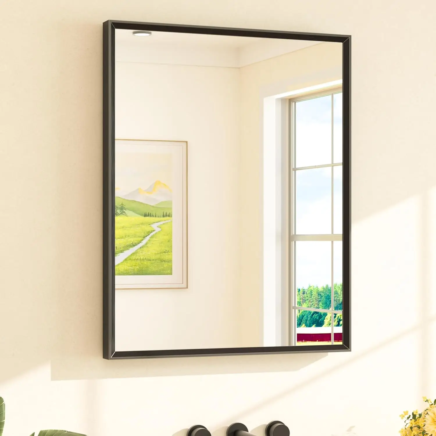 

24x30 Matte Black Framed Bathroom Mirror, Shatterproof Tempered Glass for Vanity Over Sink, Modern Farmhouse Style