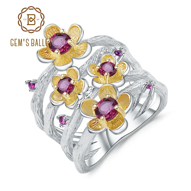 

GEM'S BALLET 925 Sterling Silver Handmade Ring 0.96Ct Natural Rhodolite Garnet Plum Blossom Flower Rings for Women Fine Jewelry