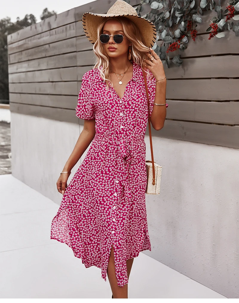 Vestido de verano con estampado Floral para mujer, pantalón corto informal de manga con botones, vestidos por debajo de la rodilla para vacaciones, vestido bohemio elegante para playa con cuello en V