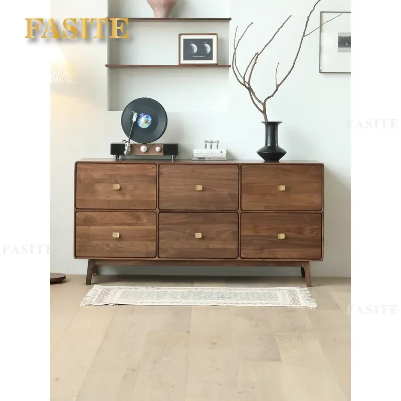 for North American Black Walnut 6 Drawer Chest Cabinet Bedroom Storage Living Room Wall Unit Nordic Style TV Stand Dresser