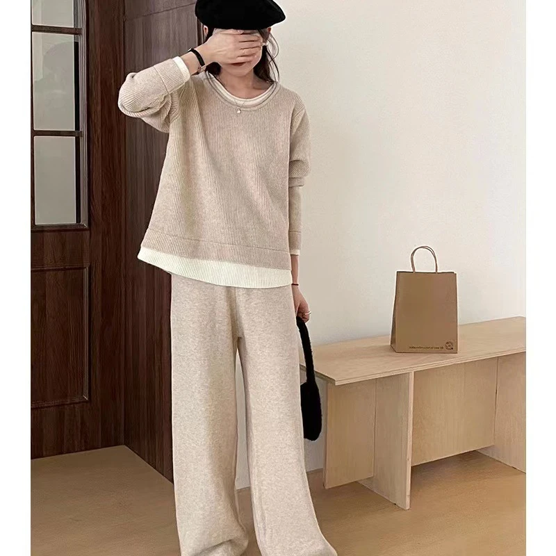 Autumn Winter 2 Pieces Women Sets Knitted Tracksuit Lazy Style Loose Casual Fashion Splicing Sweater Top and Wide Leg Pants Suit