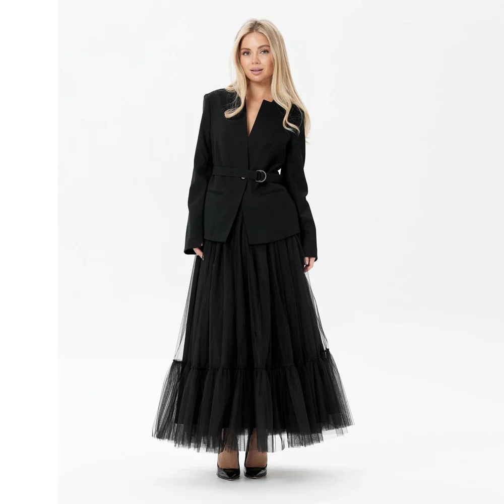 

Office Lady Black Ankle Length Tulle Skirts With Bright Line Details Soft Tulle Women Tulle Skirts Female Bottom