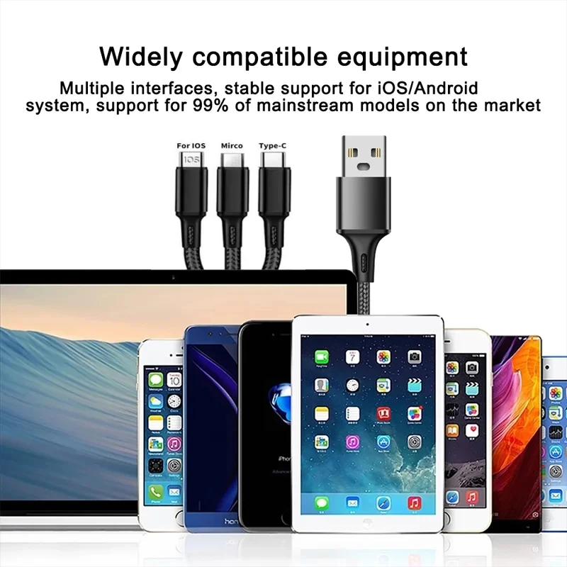 3 In 1 USB Fast Charging Cable Type C Micro IOS Multi Charger Cable for iPhone Huawei Samsung Nylon Braided Cord