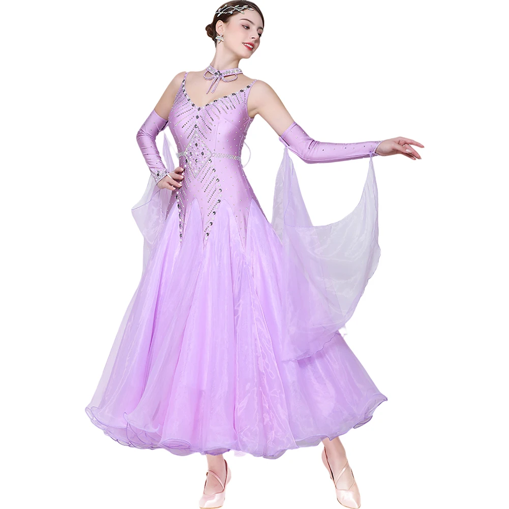 왈츠 볼룸 드레스 경쟁 핑크 라이트 퍼플 스트랩 볼룸 댄스 기질 라인 석 긴 소매 화이트 그린 v 넥