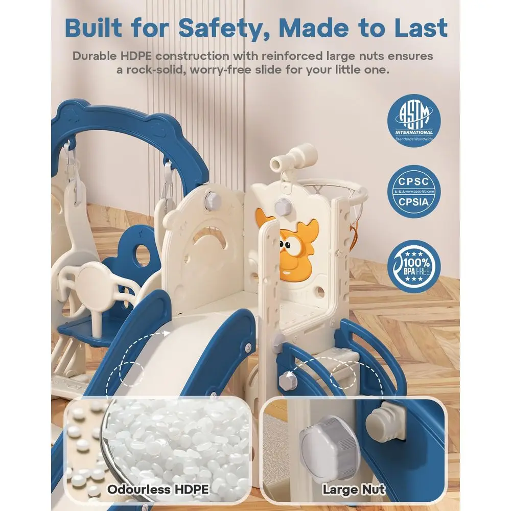 ชุดของเล่นเด็กวัยหัดเดิน 7-in-1: สไลเดอร์ในร่ม/กลางแจ้ง, ชิงช้า, ที่ปีนป่าย, ของเล่นกีฬาสำหรับเด็กอายุ 1 ปีขึ้นไป, สีน้ำเงินและสีเหลือง