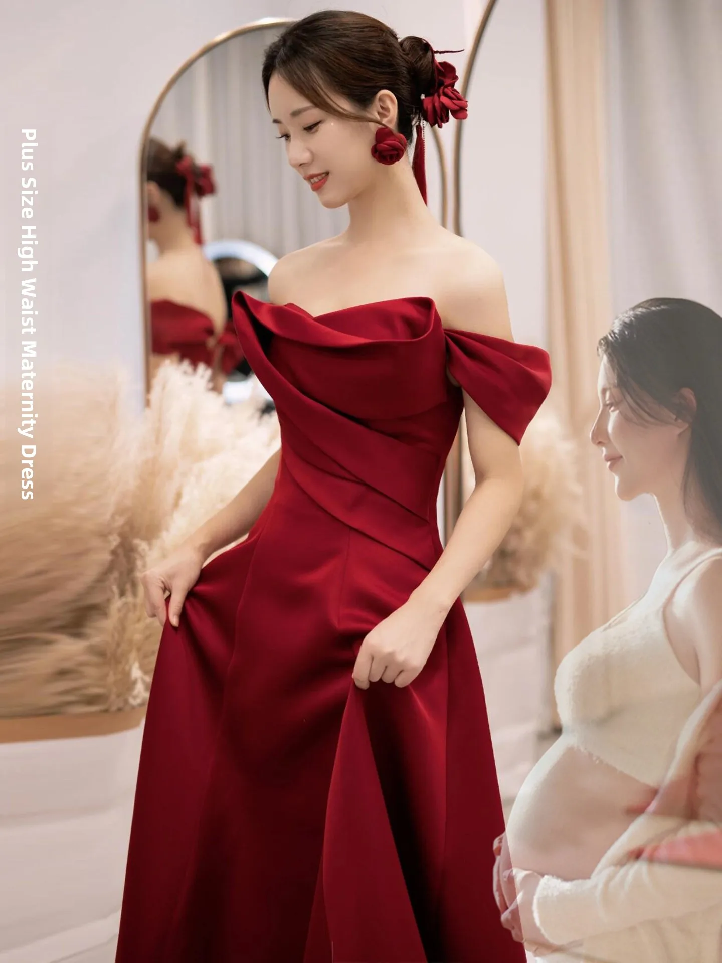 

plus Size Maternity Satin High Waist Wedding Dress for Fat MM Red Wine Serving Costume Engagement Return Home Banquet Gown