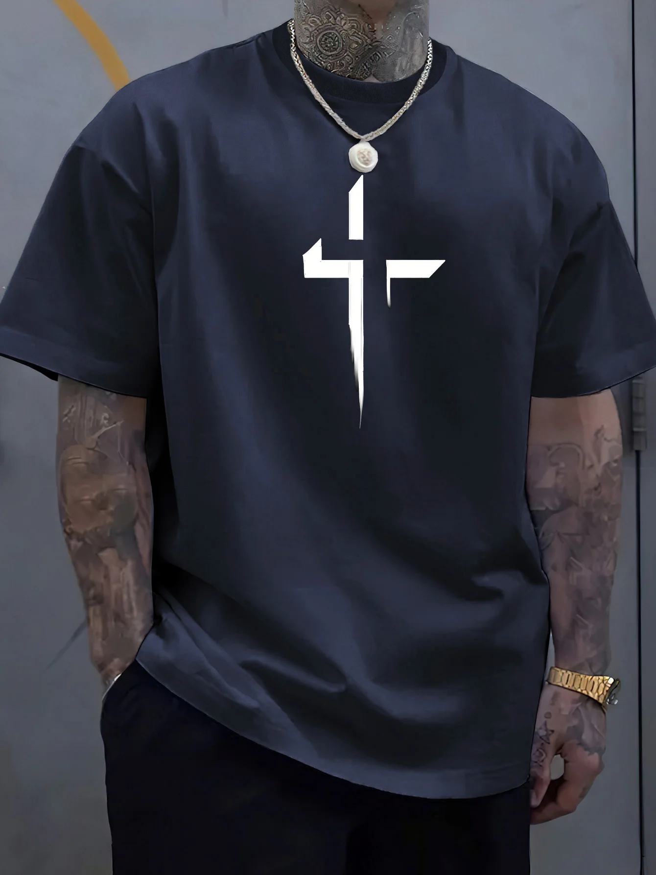 Summer men\'s 100% pure cotton casual loose plus size Cross Creative printed sports comfortable round neck short sleeved T-shirt