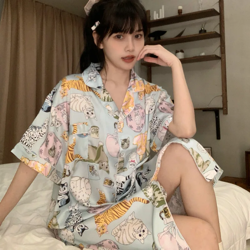 Women Nightgowns Satin Silk Animal Print Shirt Sleepwear Buttons Nightwear Dress Sexy Lingerie Gown Robe Homedress Nightdress