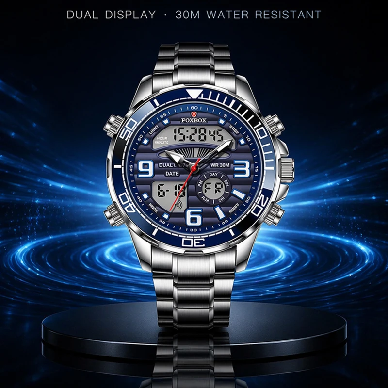 FOXBOX Electronic Sport Man Watch Fashion Casual Dual Time Alarm Waterproof Luminous Quartz Watches Male Digital Chronograph New