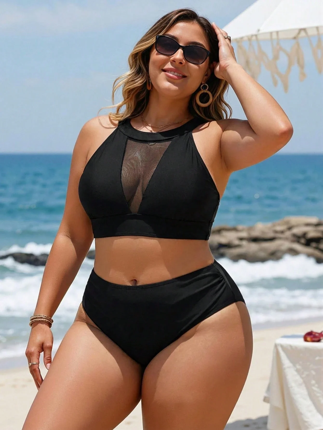 

Комплект бикини больших размеров из двух частей, черный, однотонный, с высокой талией, на бретелях, для пляжа