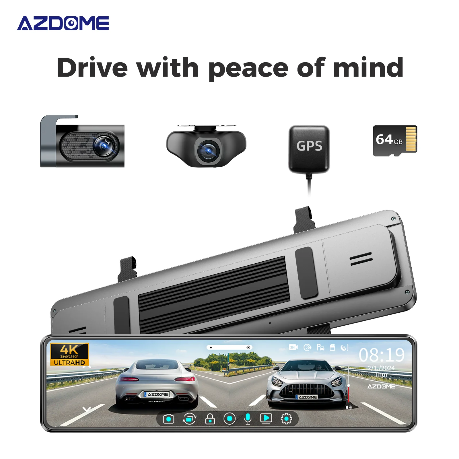 AZDOME PG18S Mirror Dash Cam 4K 12