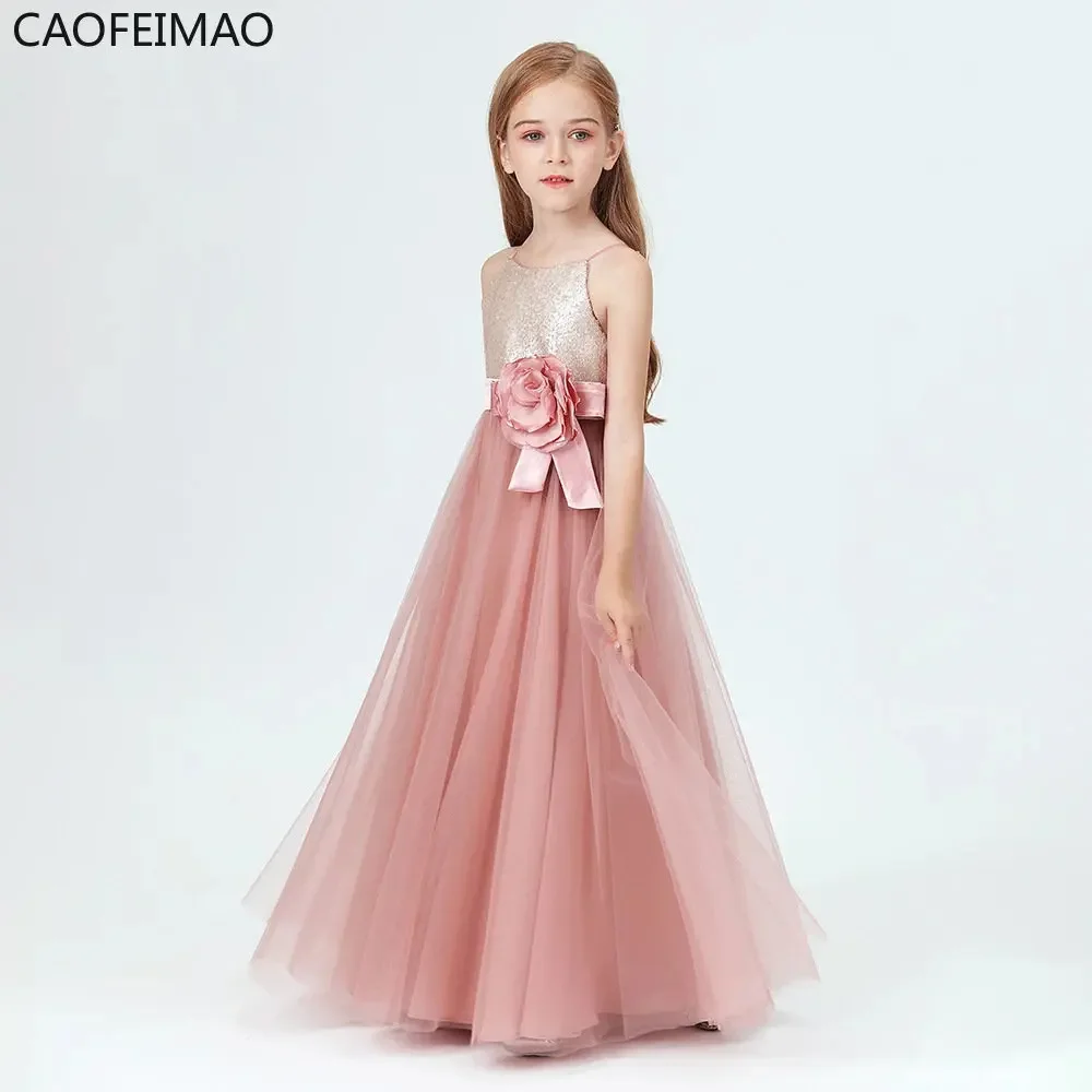 Teen Girl Party Dress for Wedding Shiny Princess Dress Girl Bridesmaid Tulle Sleeveless Long Dress Child Ceremony Event Gowns