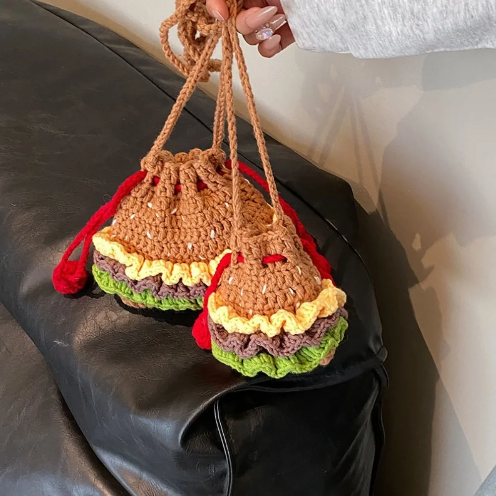 Knitted Hamburger Shoulder Bag Styling Accessories Cute Crochet Crossbody Bag Finished Product Cartoon Headphone Storage Bag