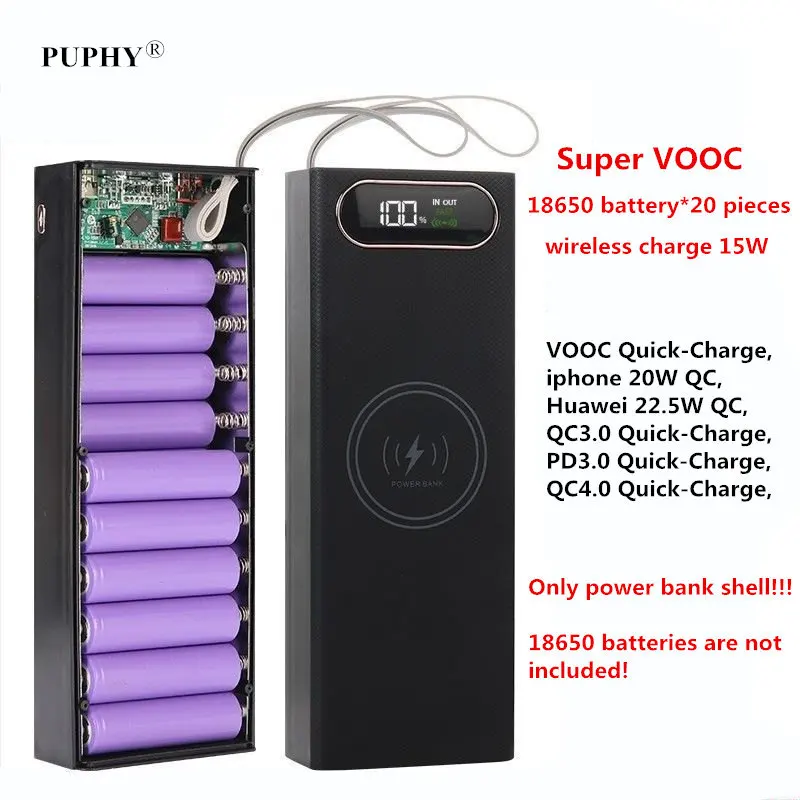 Ultra-duża obudowa powerbank o dużej pojemności 5V 9V 12V 5A USB QC4.0 PD 22.55W Super-ładowana bateria VOOC ładowanie Wireless 18650 litowo-jonowa