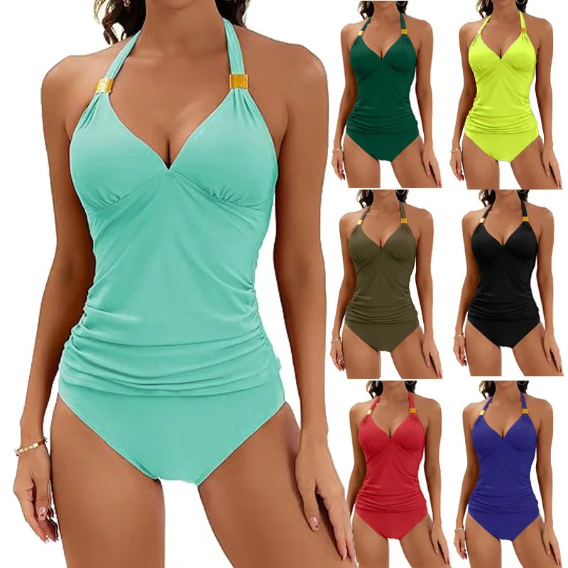 Women's Solid Color Neck Split Strap Two-piece Swimsuit V-neck Swimsuit with Shorts Bikini Sets Women Maillot De Bain Femme