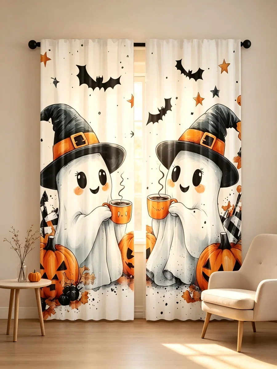 2PCS Digital Printed Curtain, Halloween Cute Ghost with Pumpkin Bat and Cup, Spooky Fun Holiday Window Drapes for Kids Room