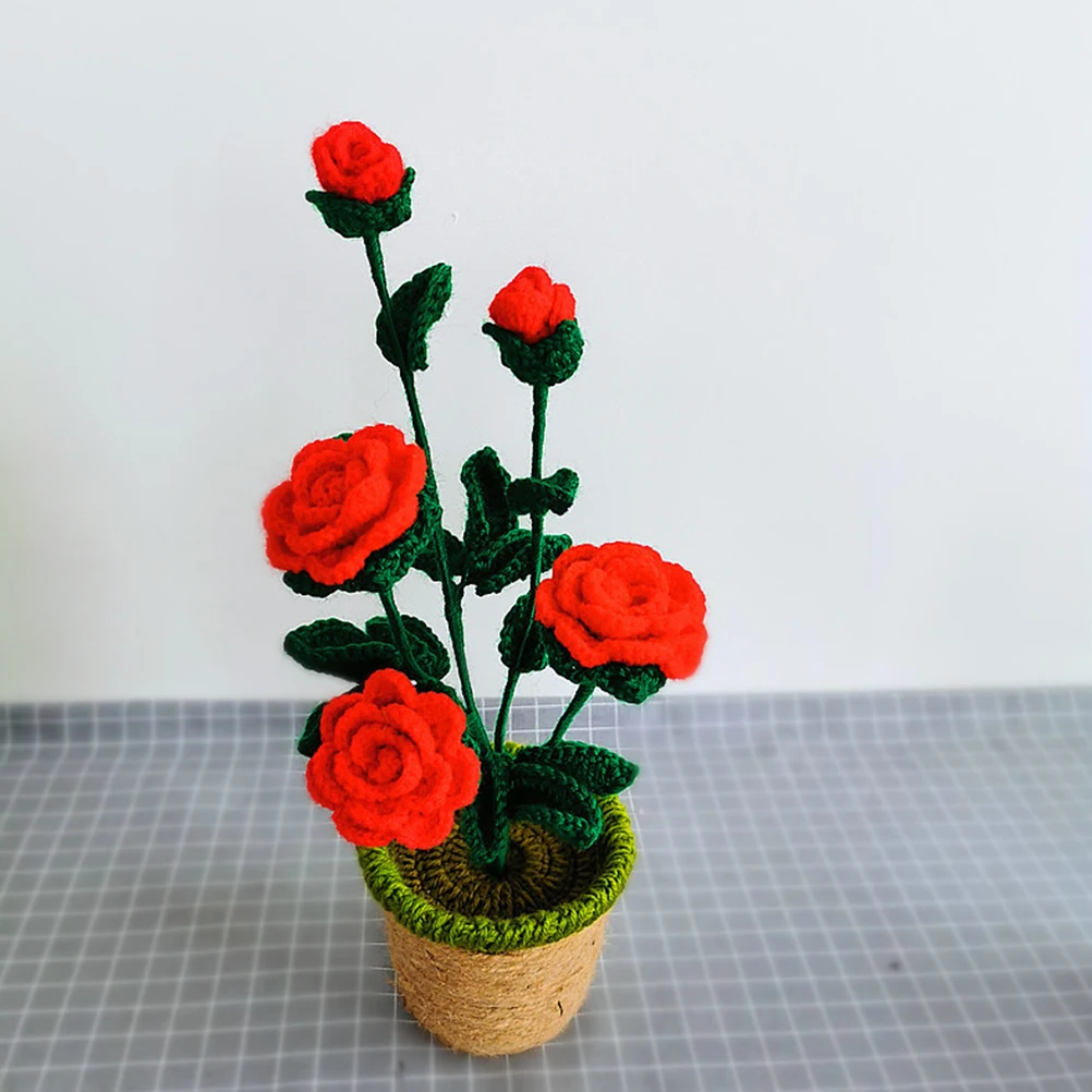 

1pc Simulation Flowerpot Creative Knitting Wool Potted Plants Decor For Home Office Indoor Garden Decoration Red
