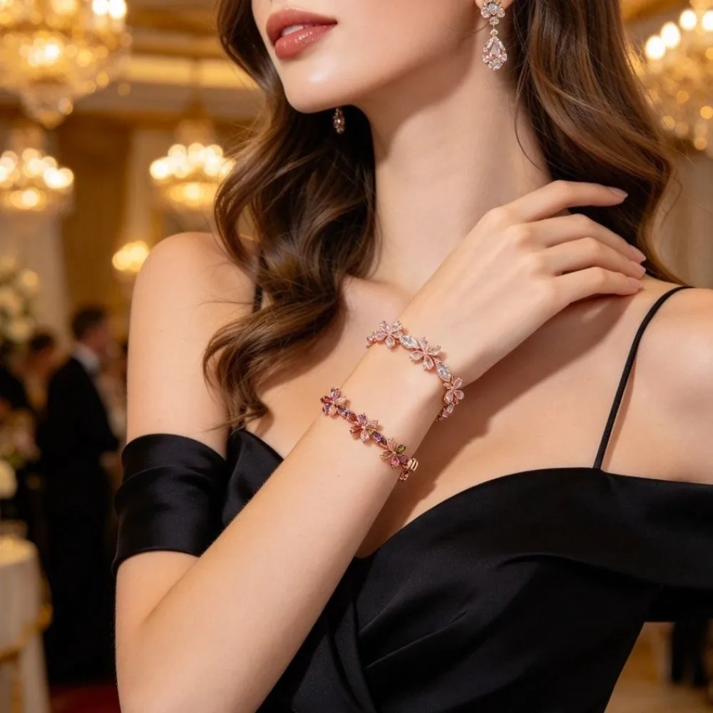Copper-Inlaid Zircon Bracelet Alternating Ice Flower Patterns Mixed-Color Cubic Zirconia Bracelet Creative Design