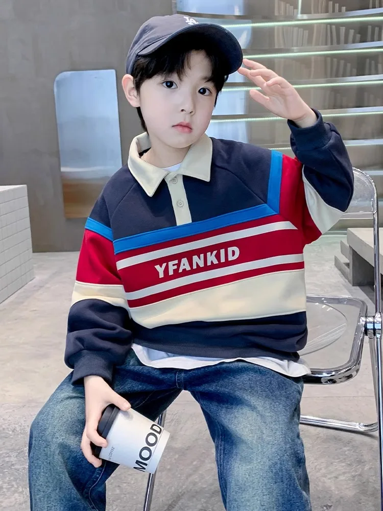 Boys' Fleece-lined Spring Autumn Stripe  Shirt Casual Cotton Blend Long Sleeve round Neck T-shirt for Kids And Tweens