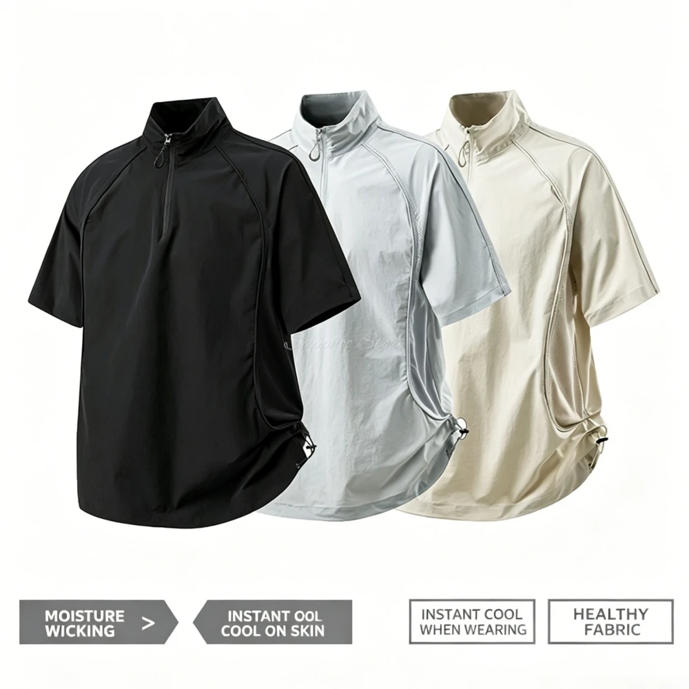 

M/L/XL/2XL/3XL Men Loose Sports T Shirts Quick Dry Half Zip Stand Collar Tops Mesh Breathable Summer Outdoor Athletic Tees