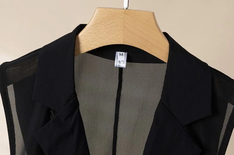 ผู้หญิงฤดูร้อนบางดูผ่านตาข่ายเสื้อแขนกุด Elegant Office LADIES สีดําเสื้อกั๊ก SLIM FIT SHEER เสื้อกั๊กเสื้อสเวตเตอร์ถัก