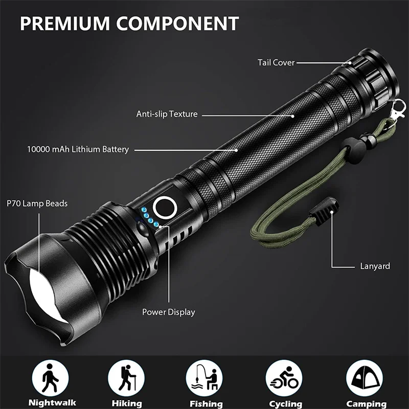 Super Bright Xhp70.2 Flashlight Torch USB Rechargeable Zoom LED Tactical Torch 126650 Battery for Camping Outdoor