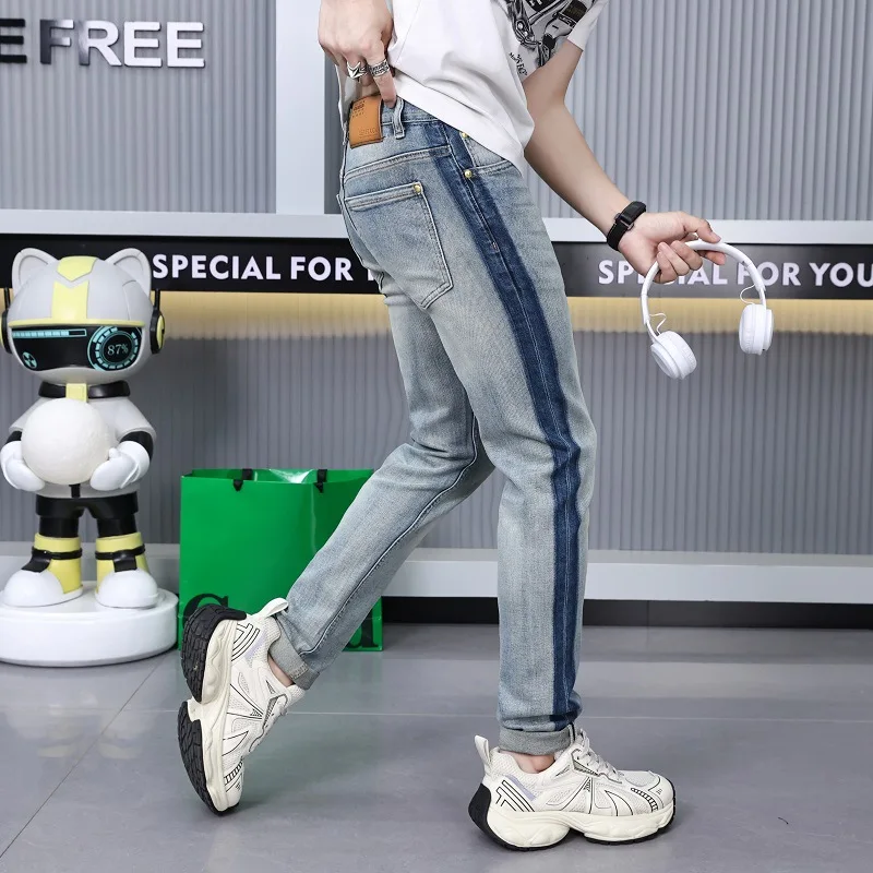 Summer jeans men's striped print design fashion street fashion Korean slim stretch casual ankle banded pants