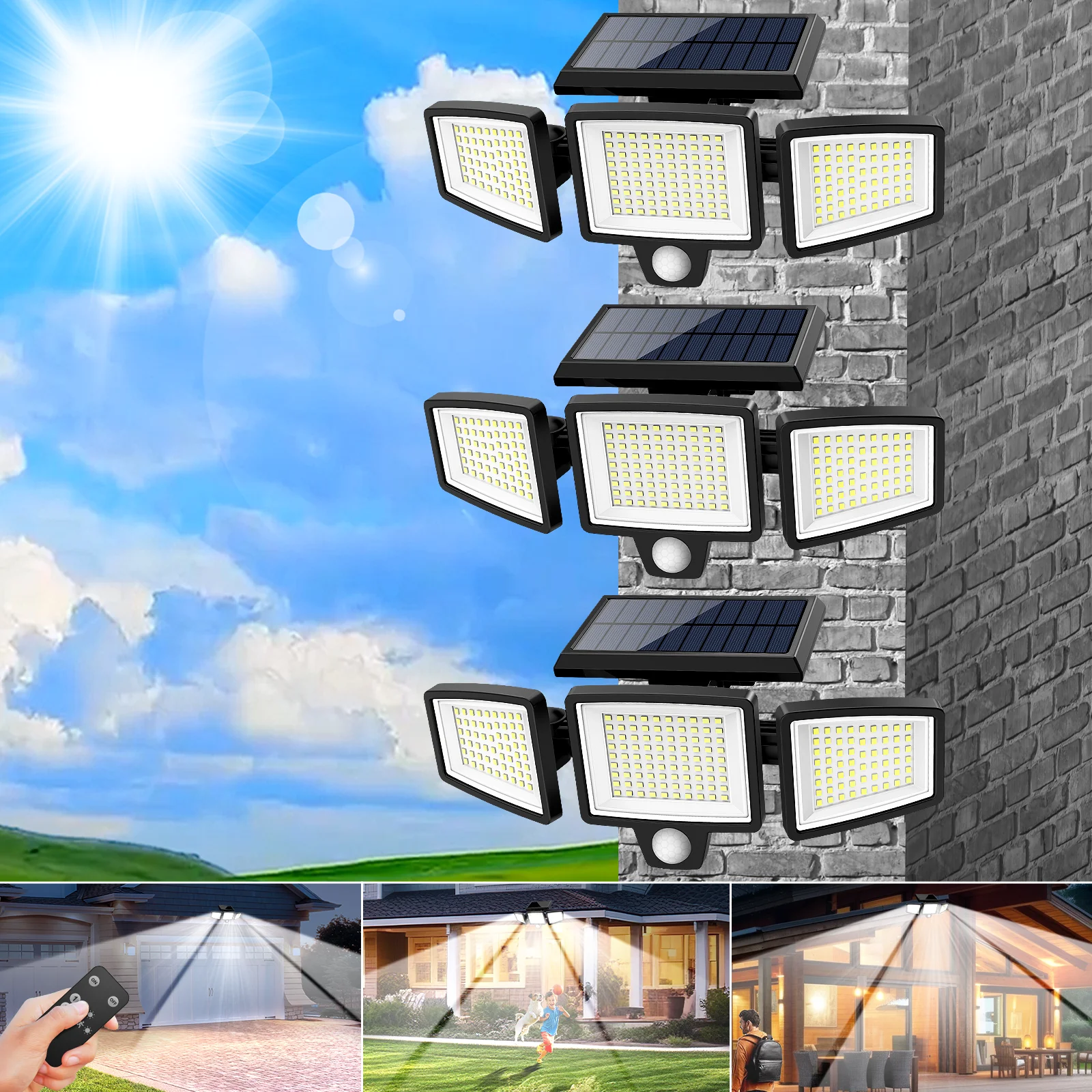 3Pack Outdoor Solar Lights, 210LED 2500LM Motion Sensor Security Lights, IP65 Waterproof for Porch, Garage, Yard Entrance, Patio