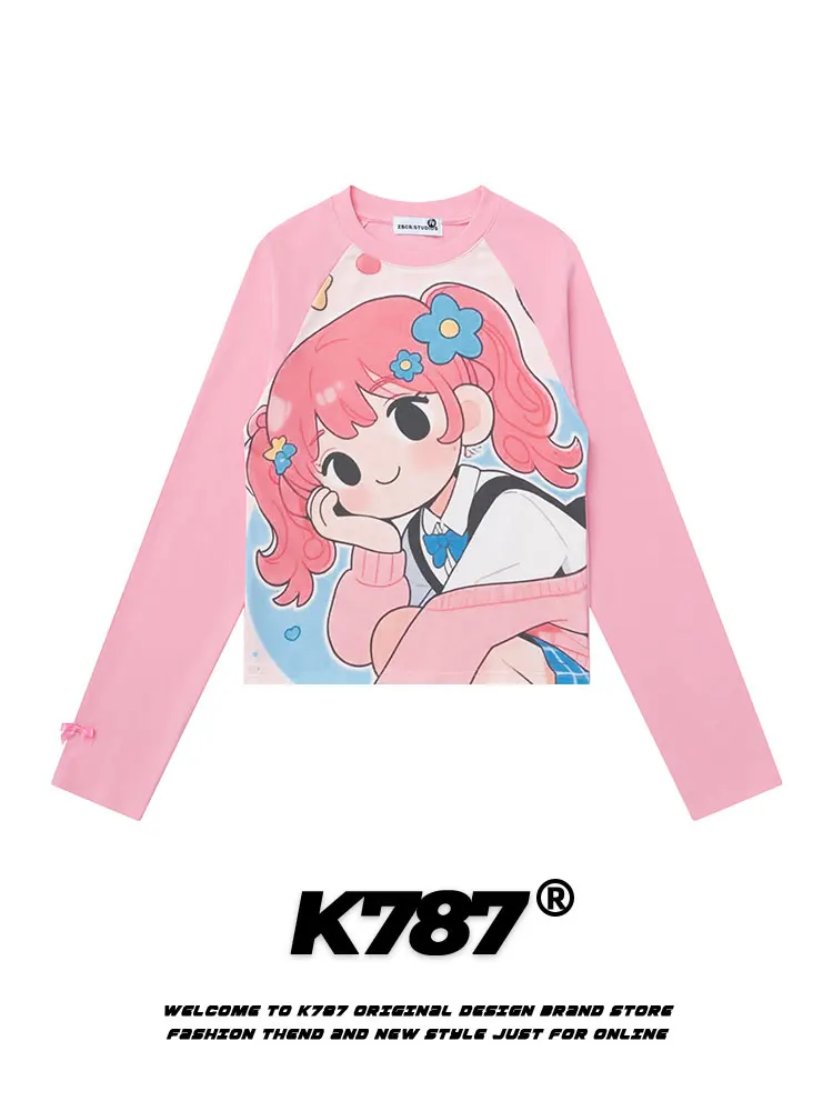 

K787 Женская футболка с длинным рукавом и мультяшным принтом, универсальный осенний топ из смесового хлопка