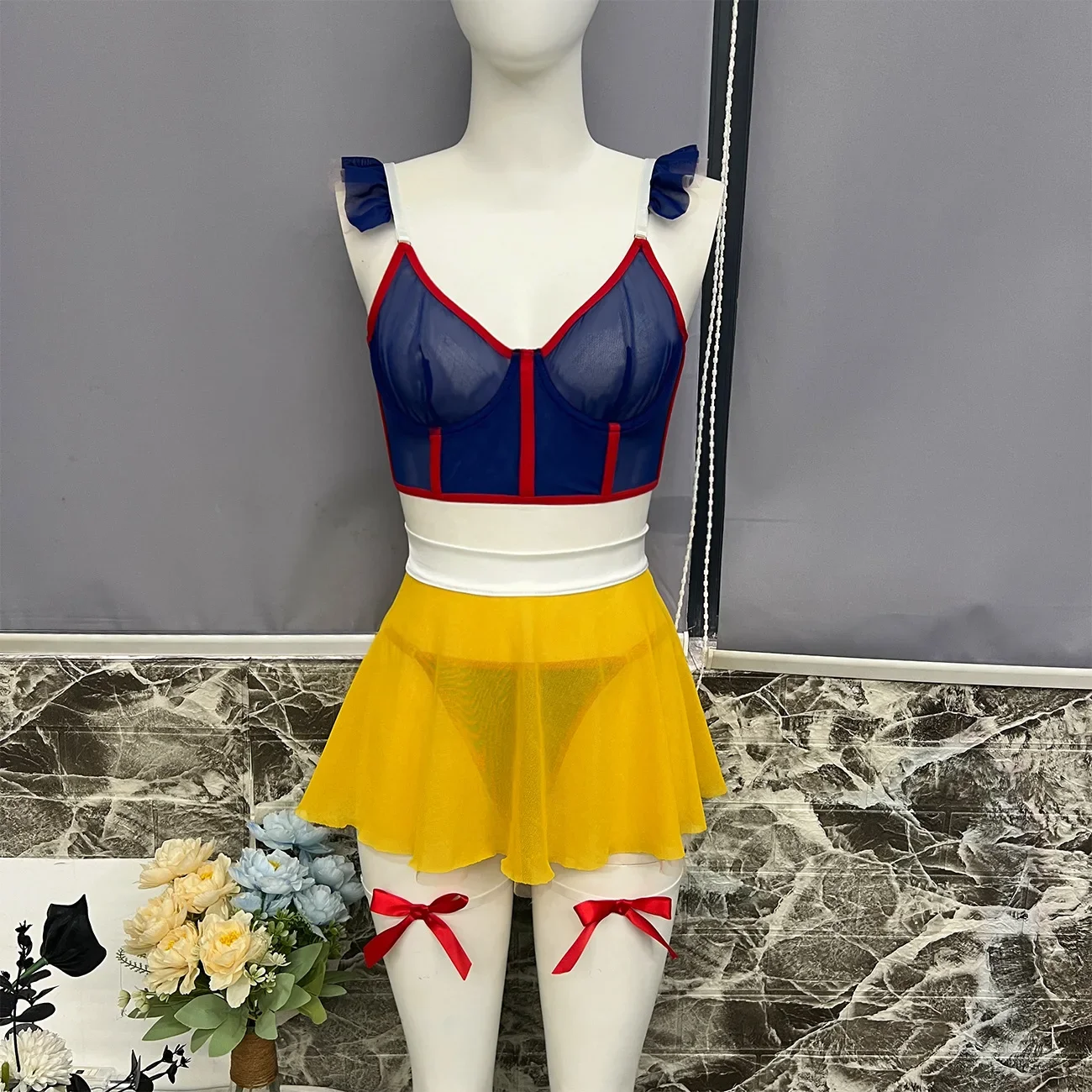 Ellolace cosplay conjunto sexy lingerie engraçado erótico conjunto de roupa interior feminina contraste cor menina conjunto ver ousado combinando sutiã roupas