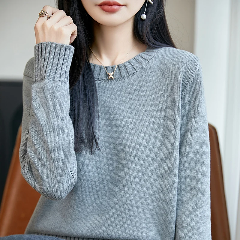 2026 Autumn/Winter New 100% Cotton Women's Sweater Casual Knitted Solid Color Round Neck Pullover Loose Fashion Women's Top