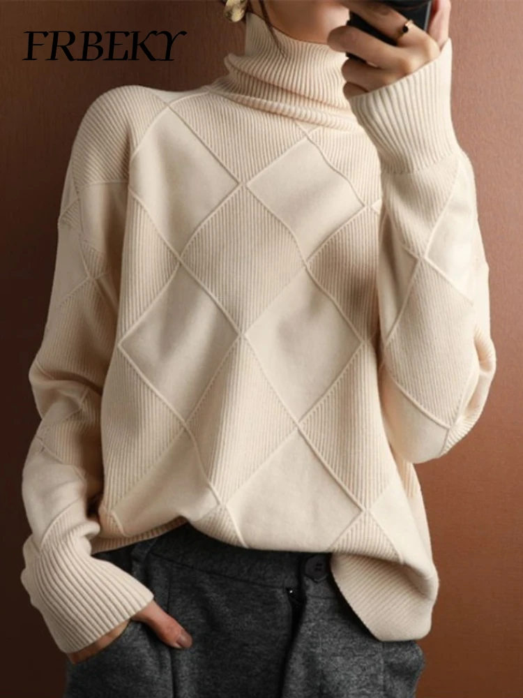 Turtleneck Sweater Autumn Winter Diamond Solid Color Warm Pullover Loose Lazy Wind Knitted Bottoming Shirt Pullovers Tops Jumper