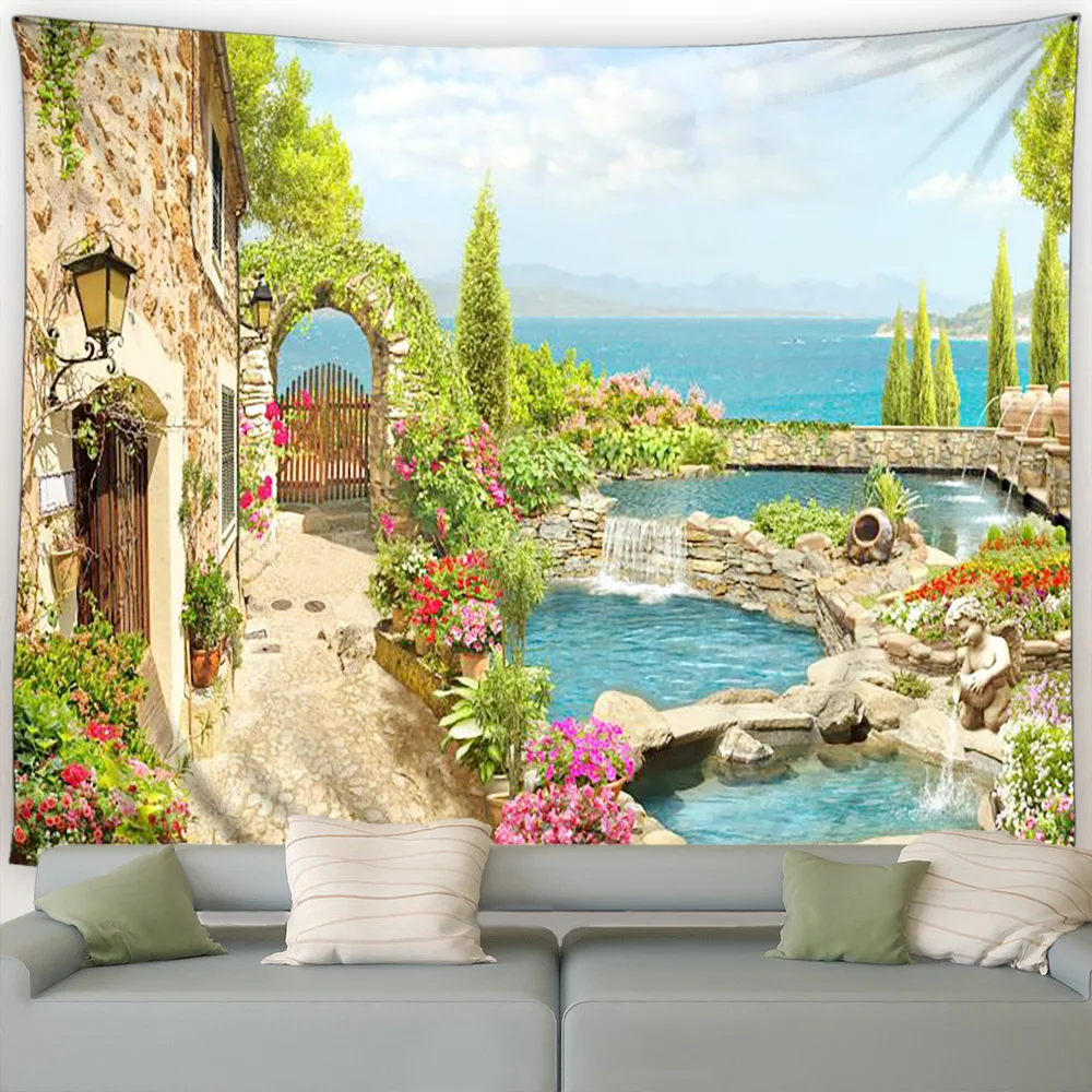 Seaside Landscape Tapestry Pink Flowers Plant Trees European Style Ocean Scenery Garden Wall Hanging Home Living Room Decoration