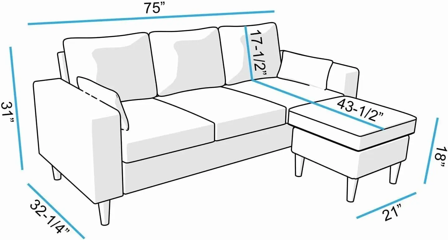 Convertible Sectional Sofa Couch with Reversible Chaise, L-Shaped Couch Linen Fabric for Small Space, Apartment