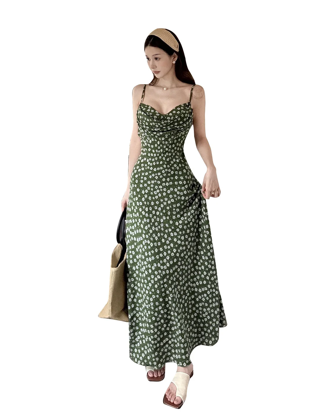 Abito in chiffon a canotta verde con colletto scampanato floreale francese per abito estivo da donna con cinturino con fasciatura posteriore senza maniche e schiena scoperta