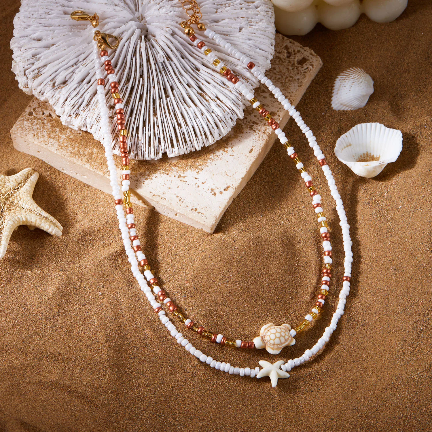 Bohemian Doppel Reis Perle Kette Schlüsselbein Halskette für Frauen Acryl Schildkröte Seestern Anhänger Halsband Sommer Strand Mode Schmuck – Detail 13